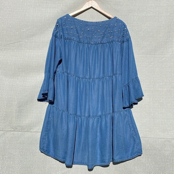 Chelsea & Theadore Chambray Pearls Tiered Dress LT Blue Size XL - Picture 9 of 11